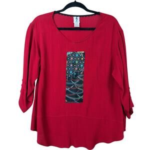 Yasuko Red Kimono Silk Ruffled Abstract Art Top Size S/M
